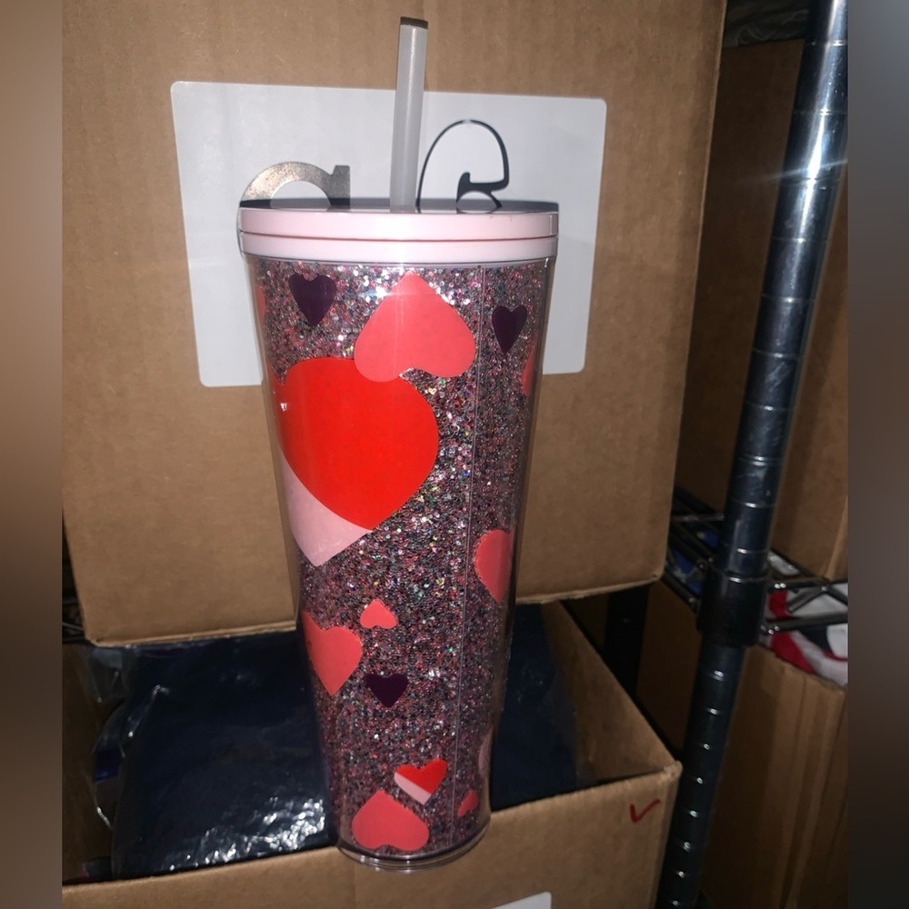 Starbucks Glitter Tumbler with Red and Pink Hearts